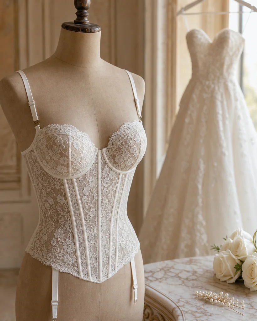 Bridal bustier and wedding corset in ivory lace, Seduttrice campaign photograph