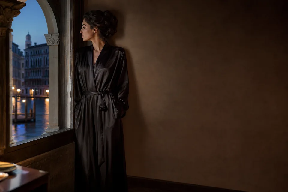 A woman in a black silk robe by a palazzo window in Venice at dusk