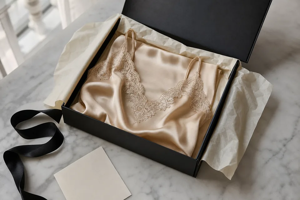 An open black gift box with a folded champagne silk chemise and a satin ribbon on marble