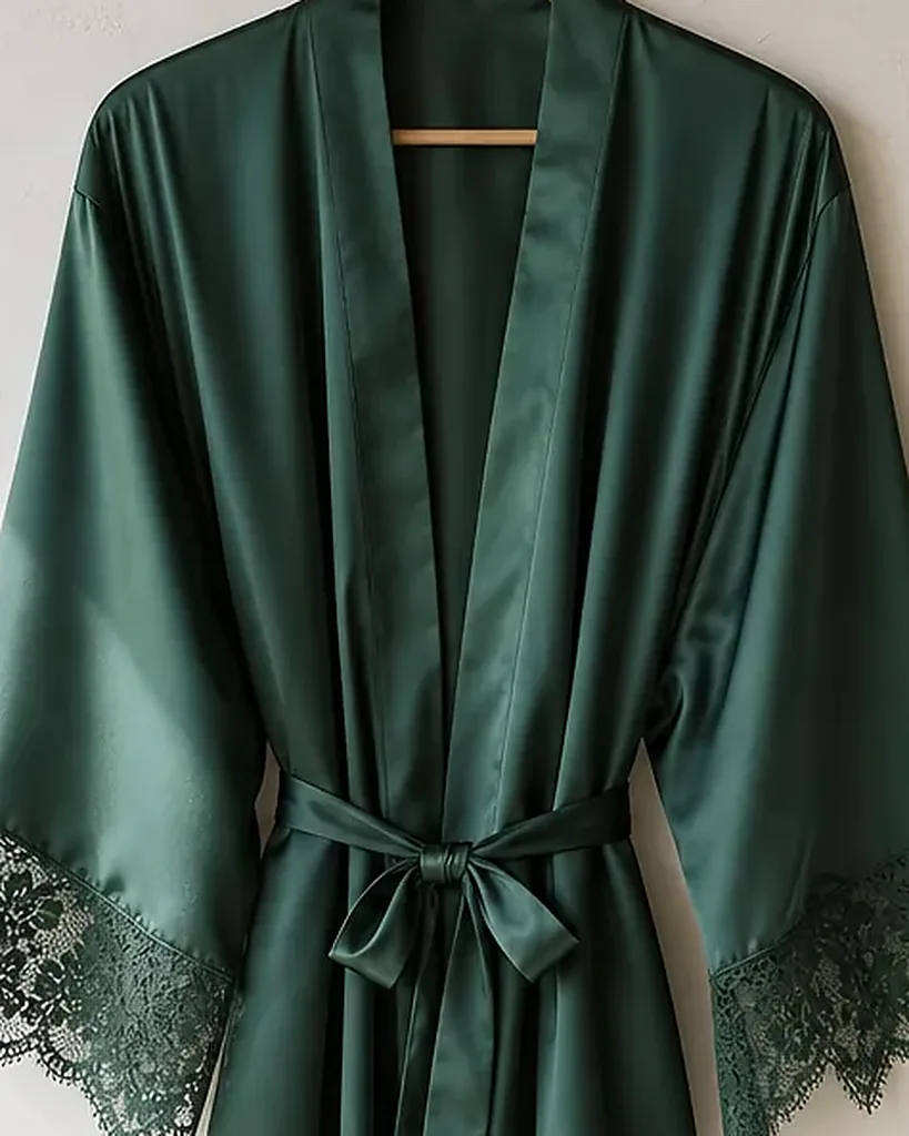 The Smeraldo silk Kimono Amalfi with its tied belt and lace cuffs
