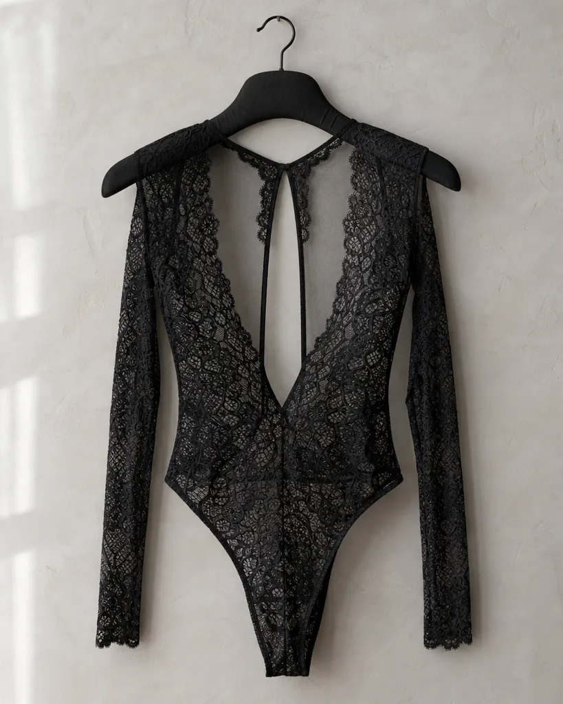 Pizzo Infinito Lace Bodysuit in Nero, all-over lace bodysuit