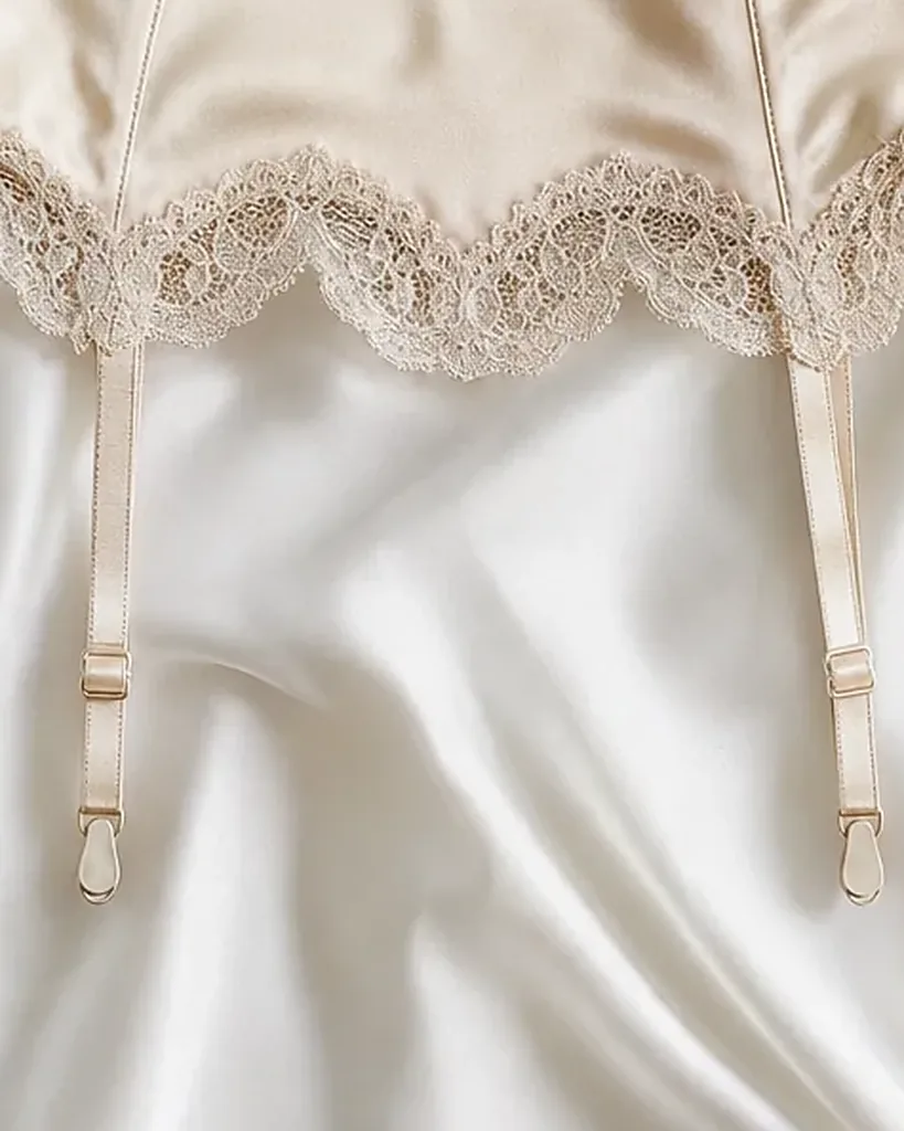 Second detail of the Reggicalze Aurora Satin Garter Belt: edges, seams and finish