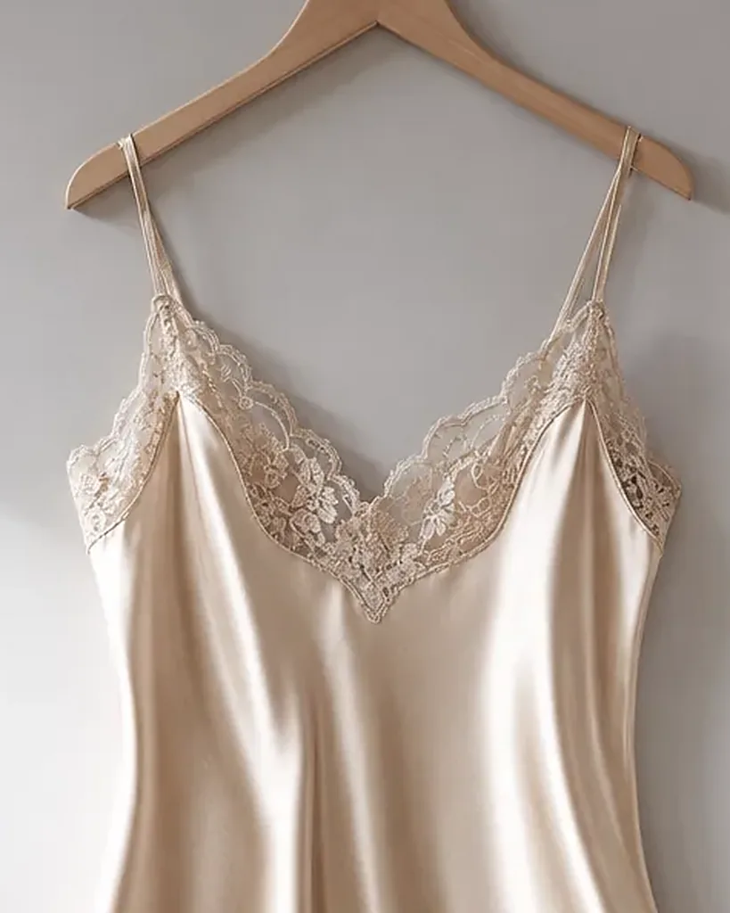 Close detail of the Sottoveste Luna Silk Chemise, silk lingerie