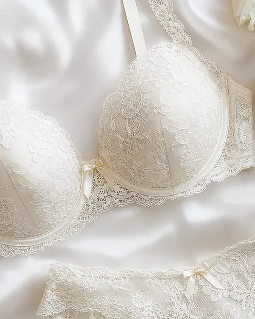 Close detail of the lace on the Sposa Ivory Lace Set