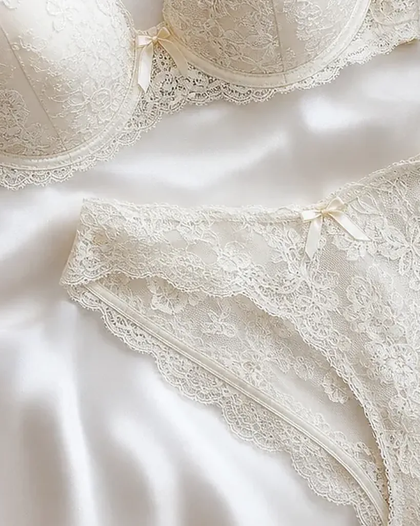 Second detail of the Sposa Ivory Lace Set: edges, seams and finish
