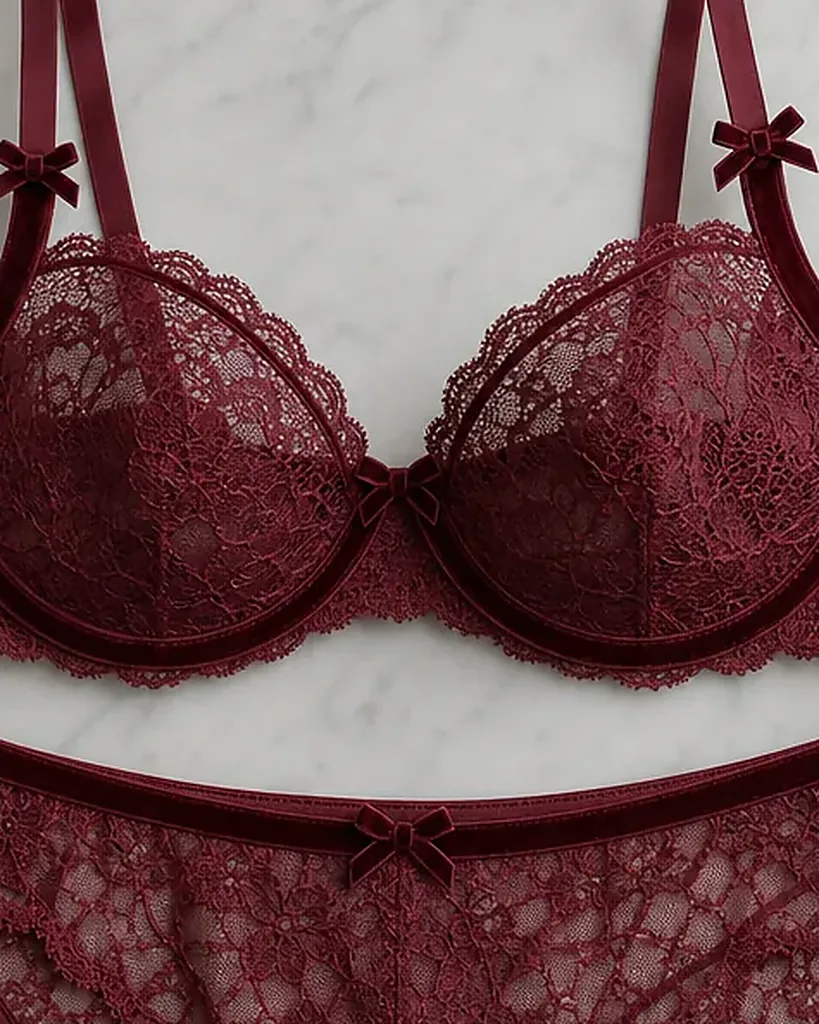 Close detail of the Rosso lace cups and straps of the Velluto Rosso set