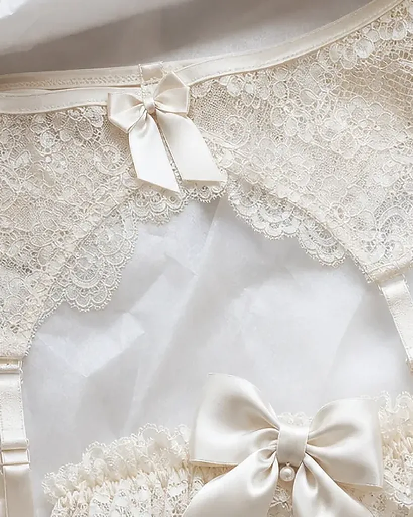 Close detail of the lace on the Velo Bridal Garter Set
