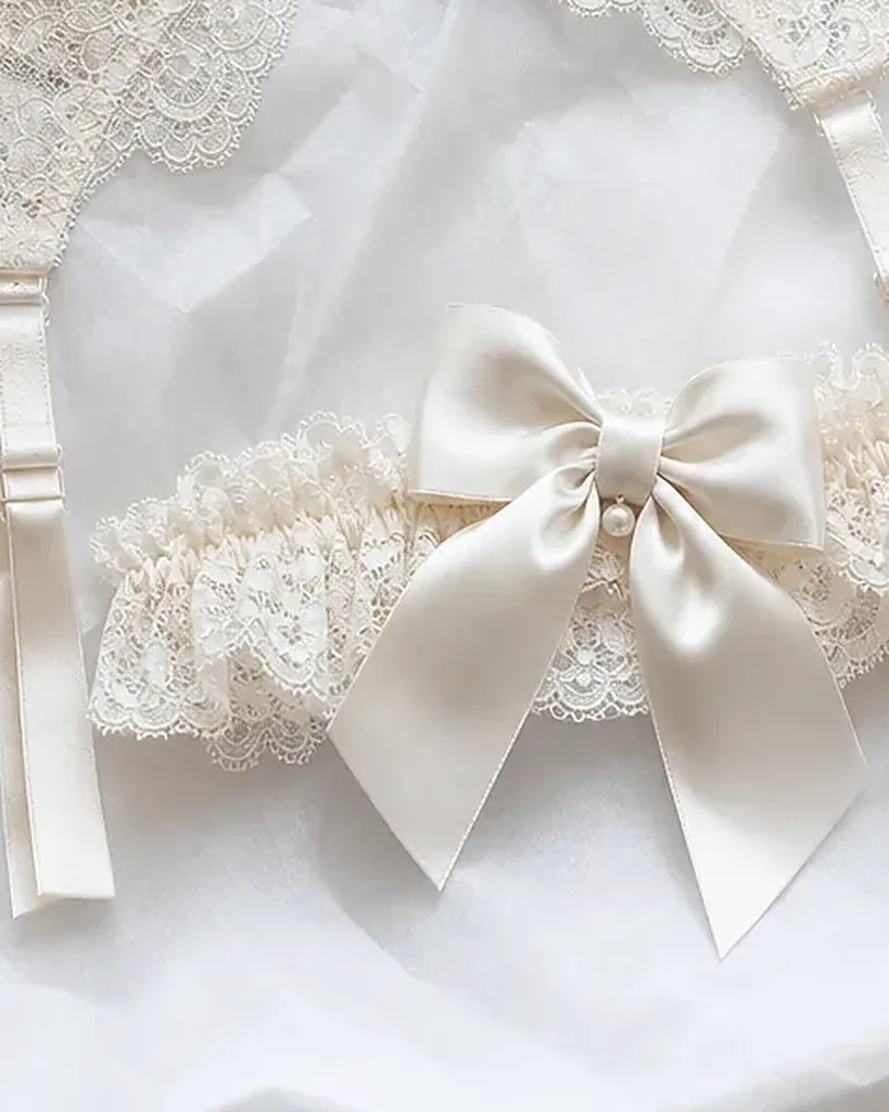 Second detail of the Velo Bridal Garter Set: edges, seams and finish
